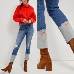Mother Denim Skinny Cuffed Distressed “See Ya!” Embroidered jeans sz 26